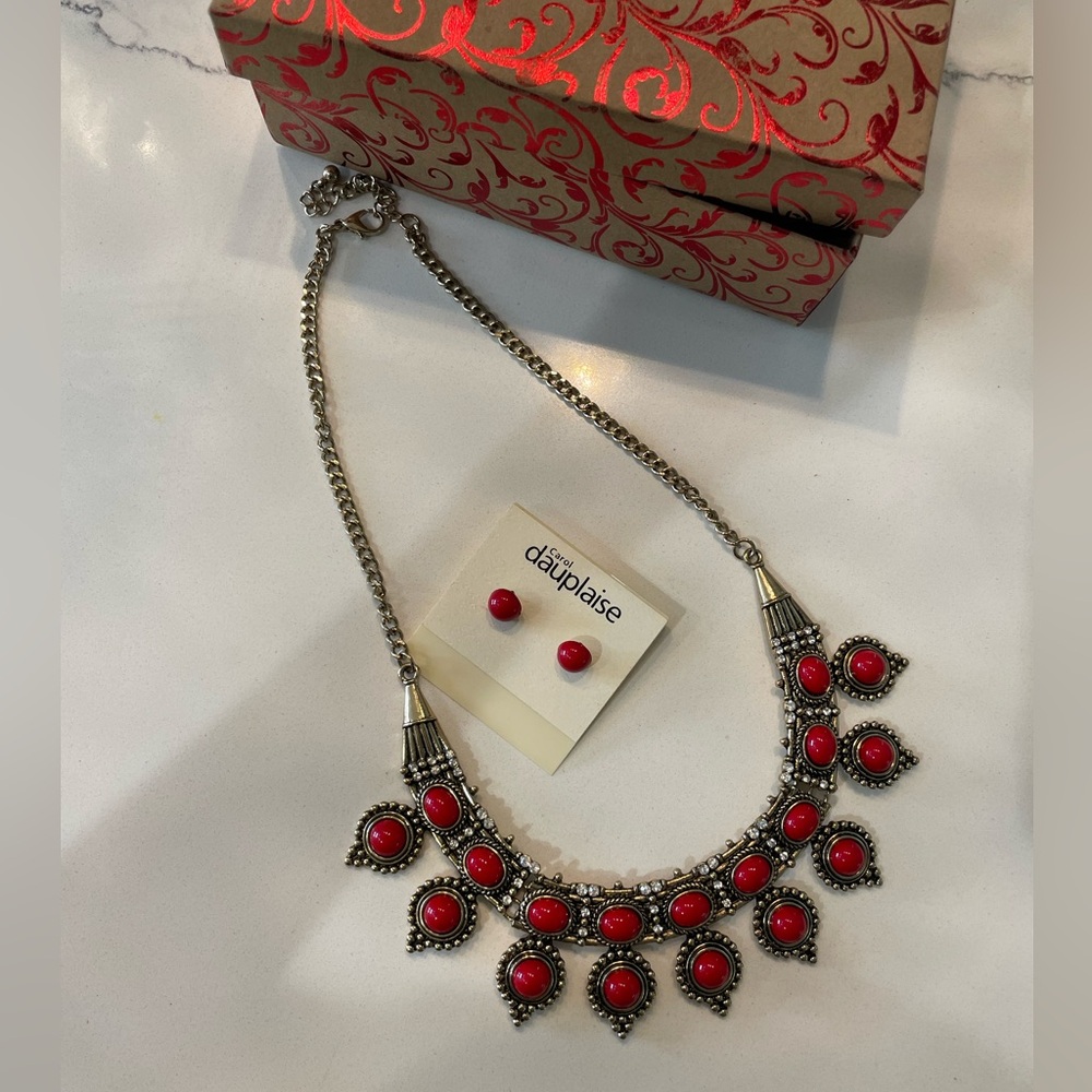 Vintage Fashion Red and Silver Jewelry Set by Carol Dauplaise